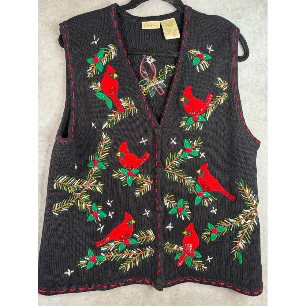 NWOT VTG Bobbie Brooks Sweater Vest XL Black Cardinal Christmas Embroidered